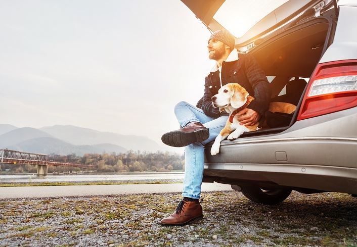 Man and Dog in Back of Car with Car Insurance in Bryan, OH